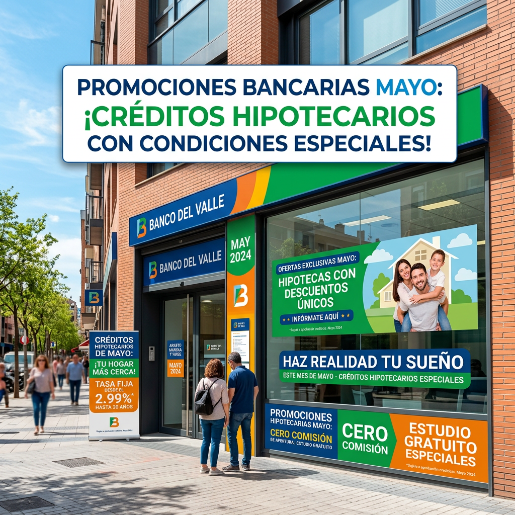 Banco del Valle branch with signage promoting May 2024 special mortgage loans and discounts